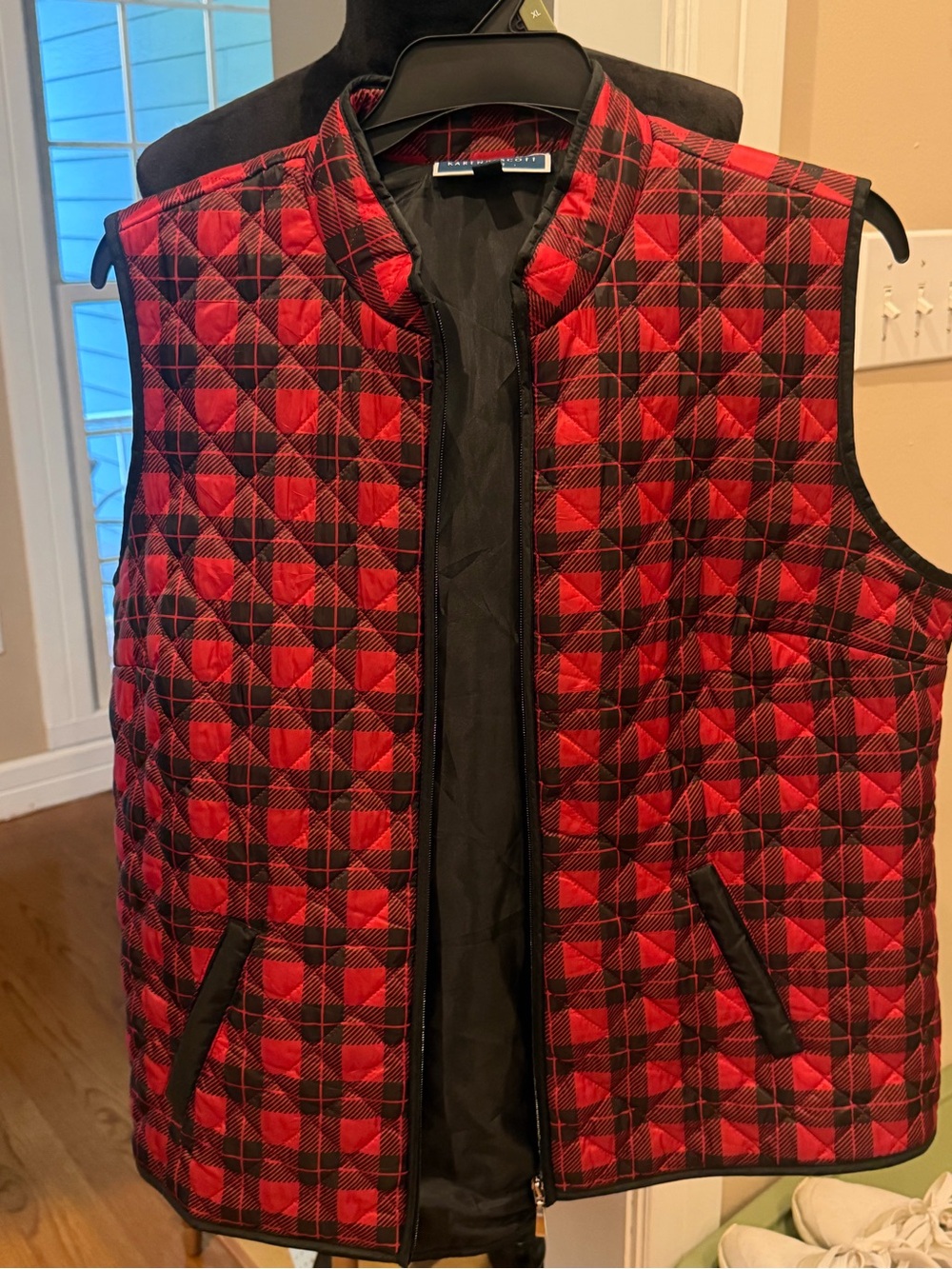 Karen Scott Red and Black Quilted Plaid Vest